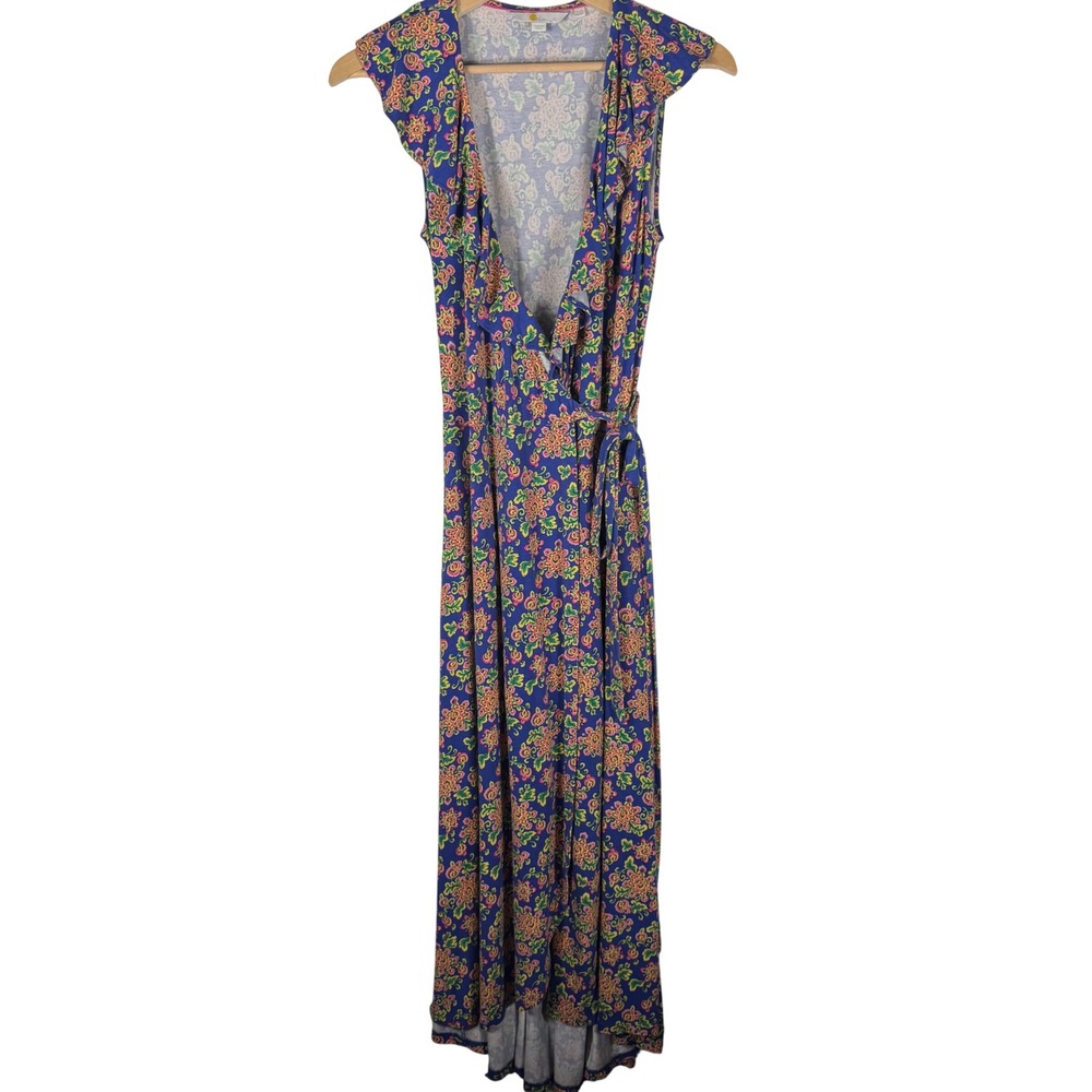 Boden Saskia Wrap Midi Dress Womens 2 Blue Medallion Floral Midi Ruffle Jersey - Picture 3 of 9